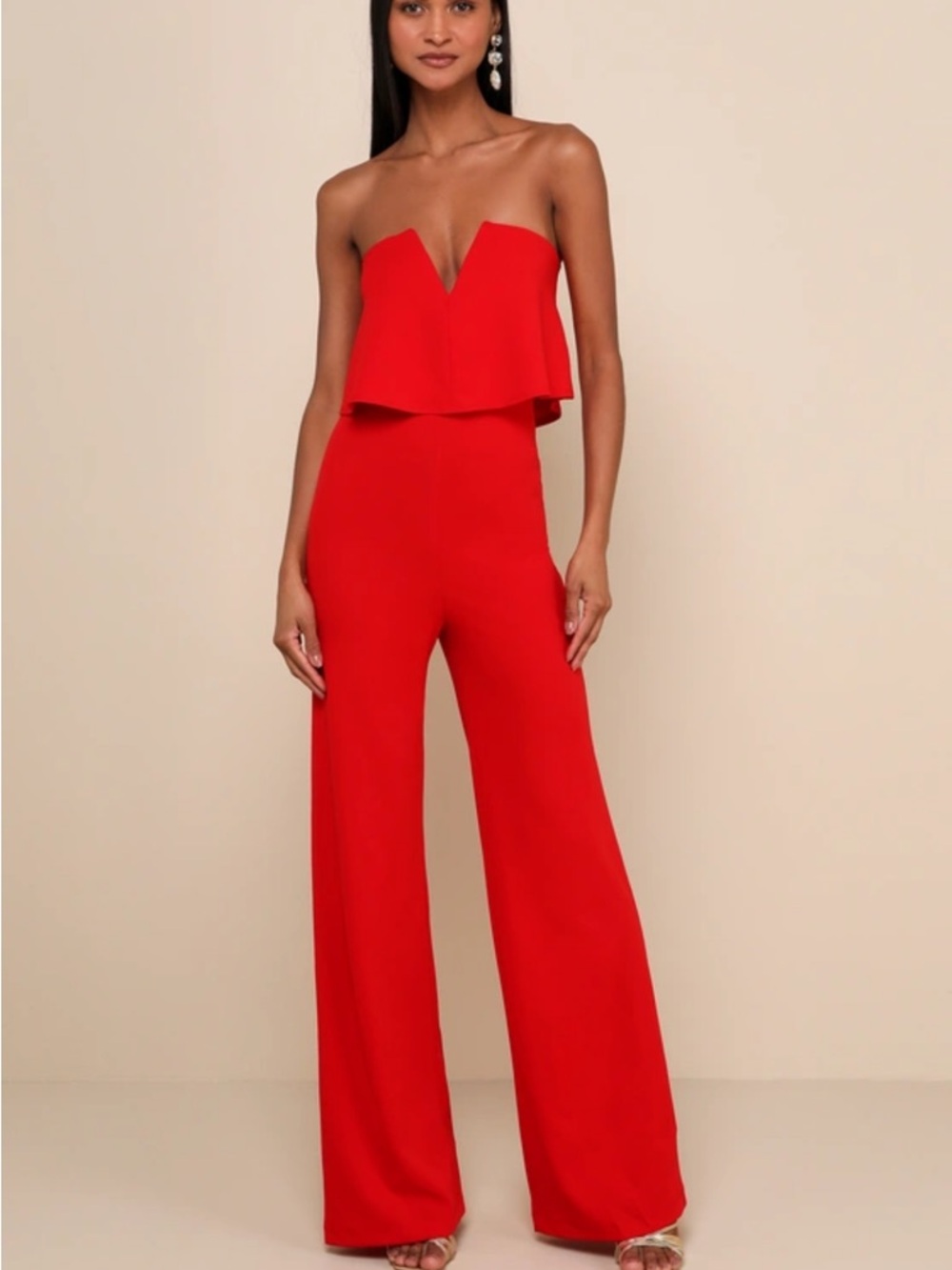 Lulu's Red Strapless Wide-Leg Jumpsuit